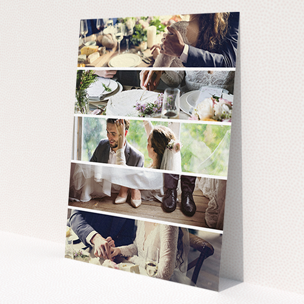 A wedding thank you card design titled 'Split into five'. It is an A6 card in a portrait orientation. It is a photographic wedding thank you card with room for 3 photos. 'Split into five' is available as a flat card, with mainly white colouring.