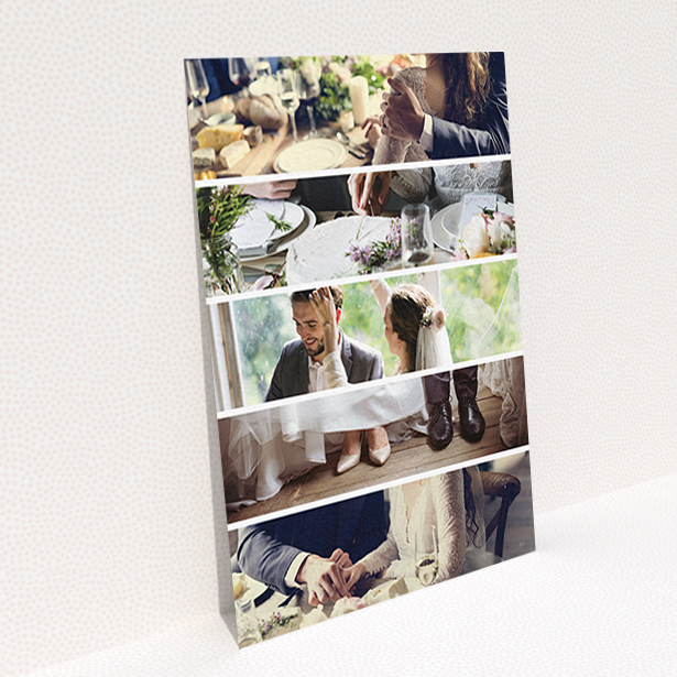 A wedding thank you card design titled "Split into five". It is an A6 card in a portrait orientation. It is a photographic wedding thank you card with room for 3 photos. "Split into five" is available as a flat card, with mainly white colouring.