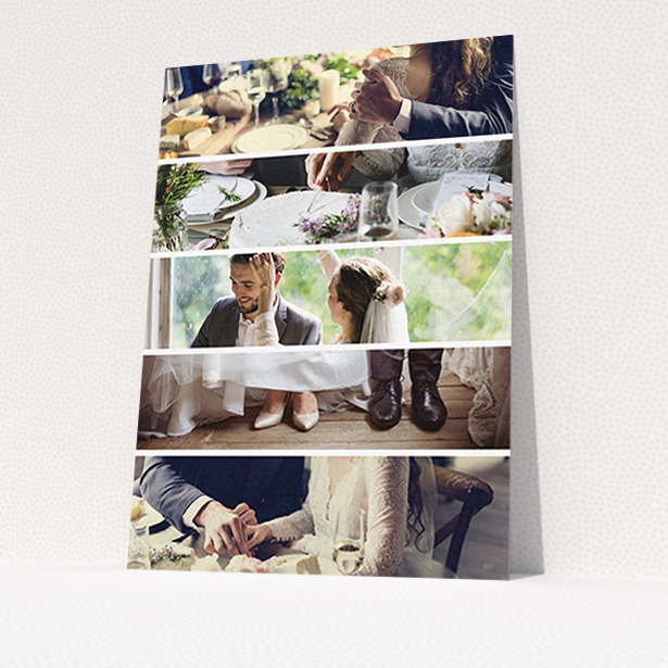 A wedding thank you card design titled "Split into five". It is an A6 card in a portrait orientation. It is a photographic wedding thank you card with room for 3 photos. "Split into five" is available as a flat card, with mainly white colouring.