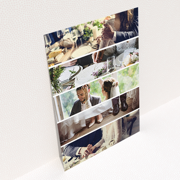 A wedding thank you card design titled "Split into five". It is an A6 card in a portrait orientation. It is a photographic wedding thank you card with room for 3 photos. "Split into five" is available as a flat card, with mainly white colouring.