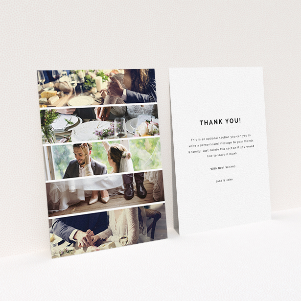 A wedding thank you card design titled "Split into five". It is an A6 card in a portrait orientation. It is a photographic wedding thank you card with room for 3 photos. "Split into five" is available as a flat card, with mainly white colouring.