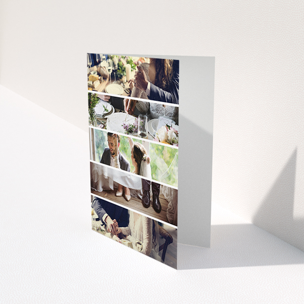A wedding thank you card named "Split into five". It is an A6 card in a portrait orientation. It is a photographic wedding thank you card with room for 3 photos. "Split into five" is available as a folded card, with mainly white colouring.