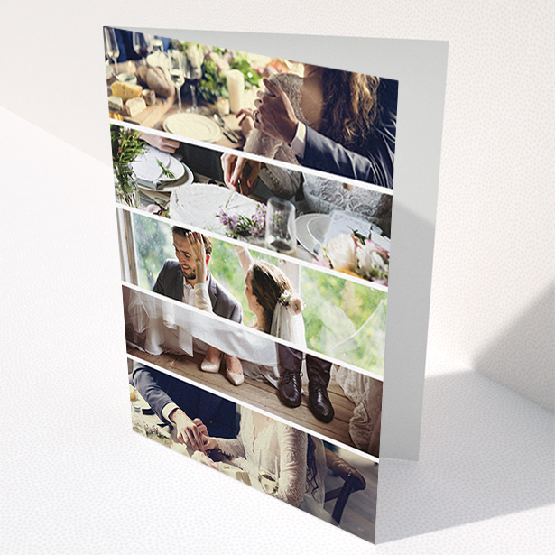 A wedding thank you card named "Split into five". It is an A6 card in a portrait orientation. It is a photographic wedding thank you card with room for 3 photos. "Split into five" is available as a folded card, with mainly white colouring.