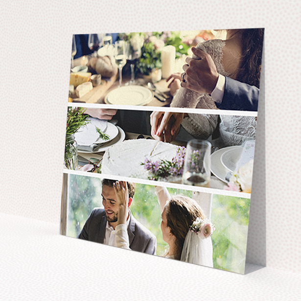 A wedding thank you card design titled 'Split into five'. It is a square (148mm x 148mm) card in a square orientation. It is a photographic wedding thank you card with room for 3 photos. 'Split into five' is available as a flat card, with mainly white colouring.
