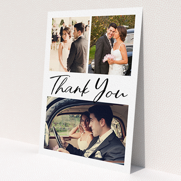 A wedding thank you card template titled 'Thank You On Top'. It is an A6 card in a portrait orientation. It is a photographic wedding thank you card with room for 3 photos. 'Thank You On Top' is available as a flat card, with mainly white colouring.