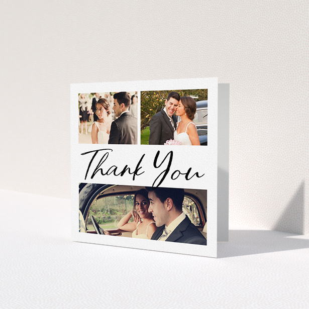 A wedding thank you card design titled 'Thank You On Top'. It is a square (148mm x 148mm) card in a square orientation. It is a photographic wedding thank you card with room for 3 photos. 'Thank You On Top' is available as a folded card, with mainly white colouring.