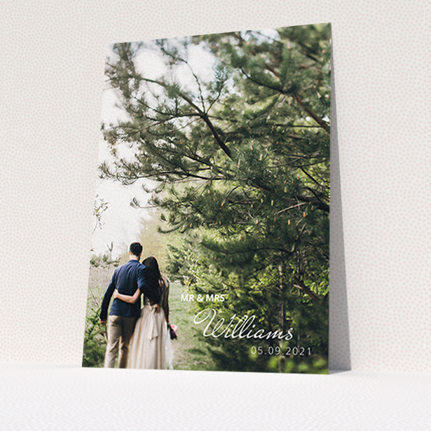 A wedding thank you card design called "Thanks Bottom-Right". It is an A6 card in a portrait orientation. It is a photographic wedding thank you card with room for 1 photo. "Thanks Bottom-Right" is available as a flat card, with mainly white colouring.