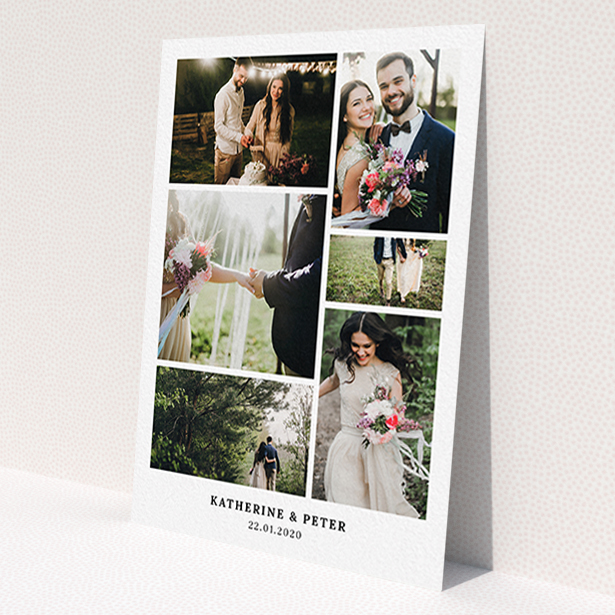 A wedding thank you card design named 'Thanks with Lots of Photos'. It is an A6 card in a portrait orientation. It is a photographic wedding thank you card with room for 6 photos. 'Thanks with Lots of Photos' is available as a flat card, with mainly white colouring.