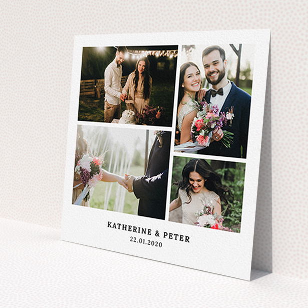 A wedding thank you card template titled 'Thanks with Lots of Photos'. It is a square (148mm x 148mm) card in a square orientation. It is a photographic wedding thank you card with room for 6 photos. 'Thanks with Lots of Photos' is available as a flat card, with mainly white colouring.