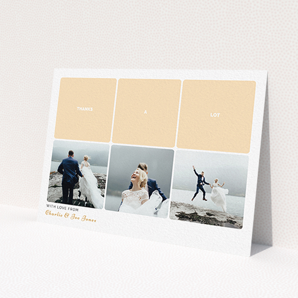 A wedding thank you card named 'Three-on-Three'. It is an A6 card in a landscape orientation. It is a photographic wedding thank you card with room for 3 photos. 'Three-on-Three' is available as a flat card, with tones of orange and white.