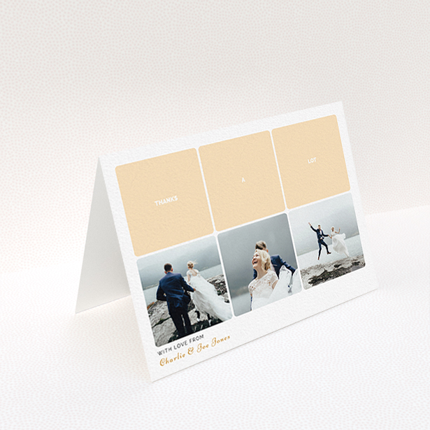 A wedding thank you card design called "Three-on-Three". It is an A6 card in a landscape orientation. It is a photographic wedding thank you card with room for 3 photos. "Three-on-Three" is available as a folded card, with tones of orange and white.