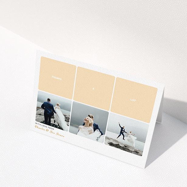 A wedding thank you card design called "Three-on-Three". It is an A6 card in a landscape orientation. It is a photographic wedding thank you card with room for 3 photos. "Three-on-Three" is available as a folded card, with tones of orange and white.
