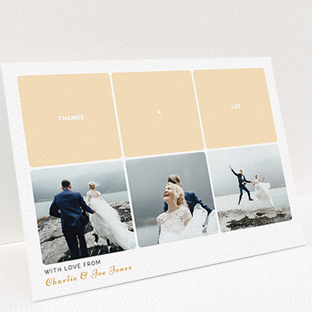 A wedding thank you card design called "Three-on-Three". It is an A6 card in a landscape orientation. It is a photographic wedding thank you card with room for 3 photos. "Three-on-Three" is available as a folded card, with tones of orange and white.