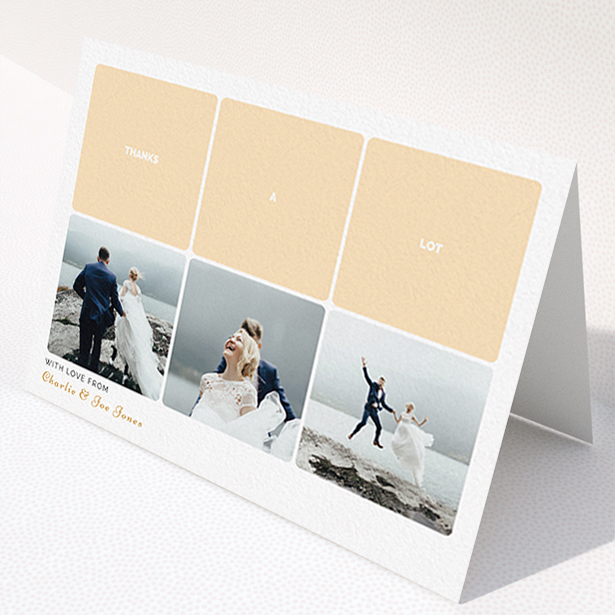 A wedding thank you card design called "Three-on-Three". It is an A6 card in a landscape orientation. It is a photographic wedding thank you card with room for 3 photos. "Three-on-Three" is available as a folded card, with tones of orange and white.