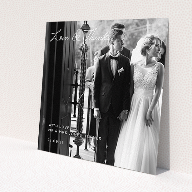 A wedding thank you card named 'To the Left Photo'. It is a square (148mm x 148mm) card in a square orientation. It is a photographic wedding thank you card with room for 1 photo. 'To the Left Photo' is available as a flat card, with mainly white colouring.