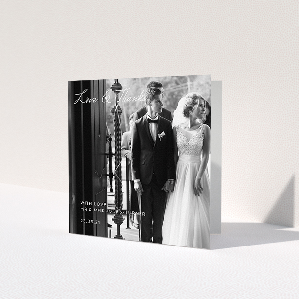 A wedding thank you card template titled 'To the Left Photo'. It is a square (148mm x 148mm) card in a square orientation. It is a photographic wedding thank you card with room for 1 photo. 'To the Left Photo' is available as a folded card, with mainly white colouring.