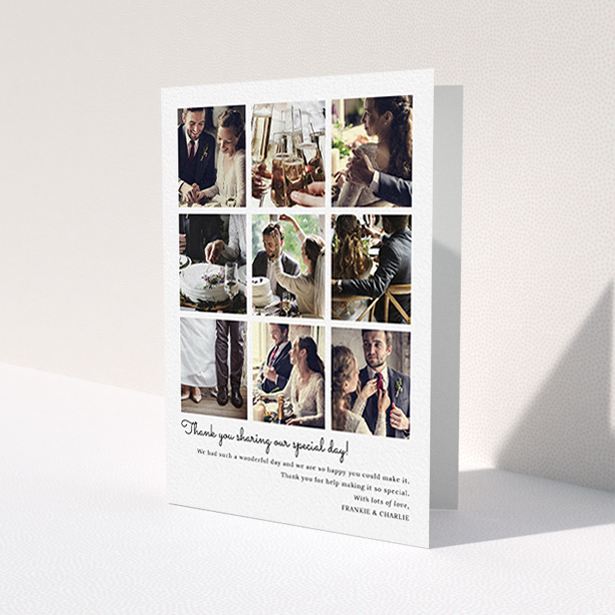 A wedding thank you card named 'Too Many Good Memories'. It is an A6 card in a portrait orientation. It is a photographic wedding thank you card with room for 9 photos 'Too Many Good Memories' is available as a folded card, with mainly white colouring.