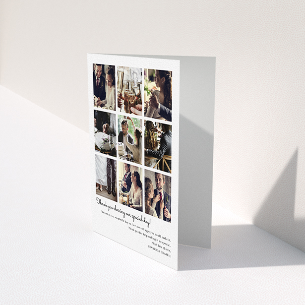 A wedding thank you card named "Too Many Good Memories". It is an A6 card in a portrait orientation. It is a photographic wedding thank you card with room for 9 photos "Too Many Good Memories" is available as a folded card, with mainly white colouring.
