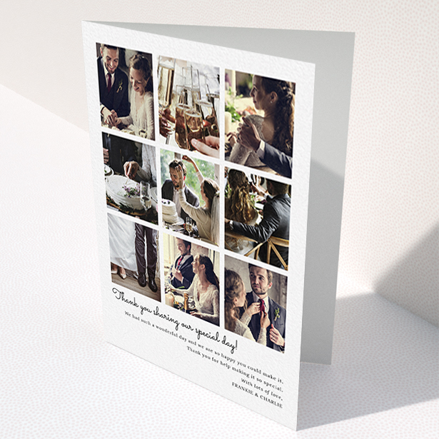 A wedding thank you card named "Too Many Good Memories". It is an A6 card in a portrait orientation. It is a photographic wedding thank you card with room for 9 photos "Too Many Good Memories" is available as a folded card, with mainly white colouring.