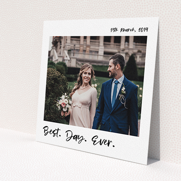 A wedding thank you card design titled 'Top and Bottom Thanks'. It is a square (148mm x 148mm) card in a square orientation. It is a photographic wedding thank you card with room for 1 photo. 'Top and Bottom Thanks' is available as a flat card, with mainly white colouring.