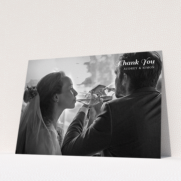 A wedding thank you card template titled "Top-Right". It is an A6 card in a landscape orientation. It is a photographic wedding thank you card with room for 1 photo. "Top-Right" is available as a flat card, with mainly white colouring.