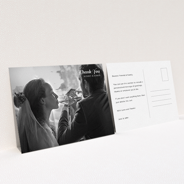 A wedding thank you card template titled "Top-Right". It is an A6 card in a landscape orientation. It is a photographic wedding thank you card with room for 1 photo. "Top-Right" is available as a flat card, with mainly white colouring.