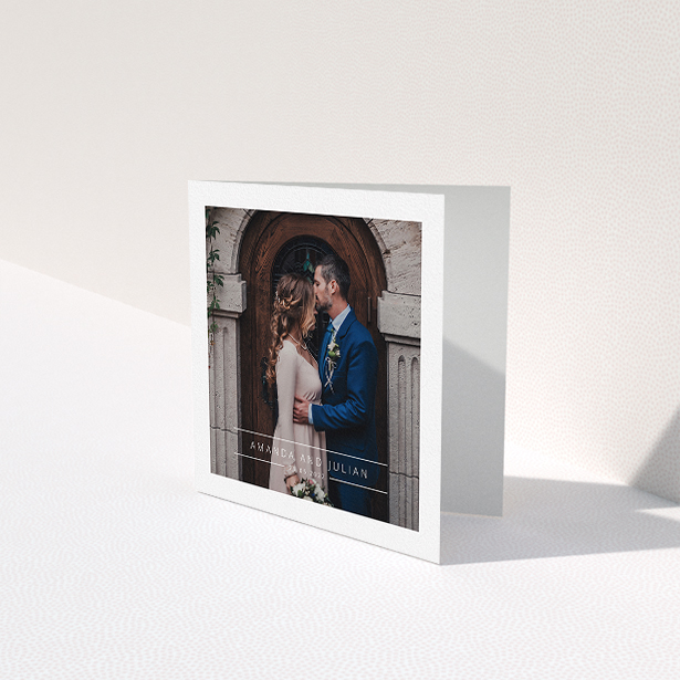 A wedding thank you card called "Tramlines". It is a square (148mm x 148mm) card in a square orientation. It is a photographic wedding thank you card with room for 1 photo. "Tramlines" is available as a folded card, with mainly white colouring.