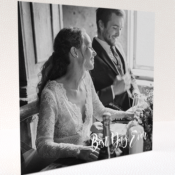 A wedding thank you card named "Truly It Was". It is a square (148mm x 148mm) card in a square orientation. It is a photographic wedding thank you card with room for 1 photo. "Truly It Was" is available as a folded card, with mainly white colouring.
