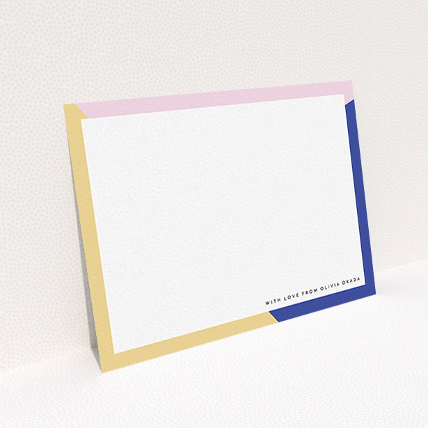 A womens correspondence card design named "Colour Thirds". It is an A6 card in a landscape orientation. "Colour Thirds" is available as a flat card, with tones of white, blue and pink.
