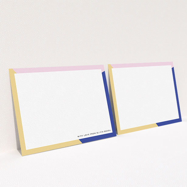 A womens correspondence card design named "Colour Thirds". It is an A6 card in a landscape orientation. "Colour Thirds" is available as a flat card, with tones of white, blue and pink.