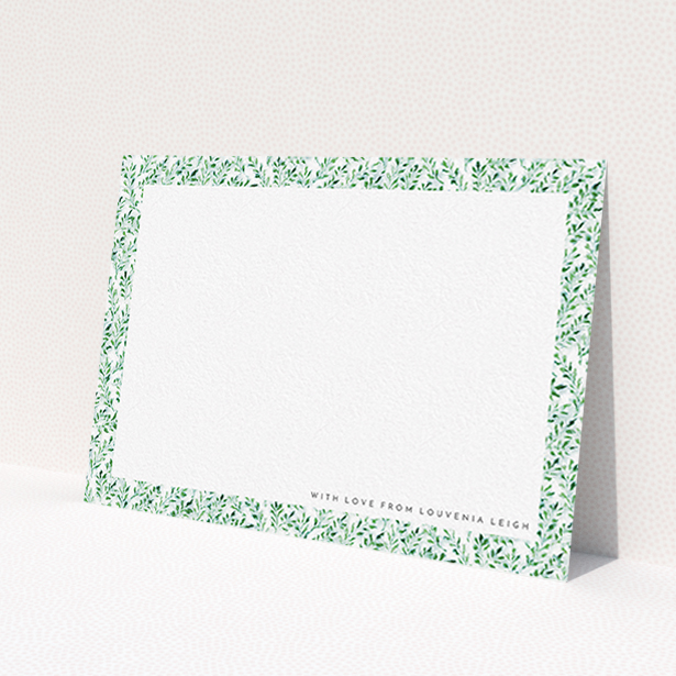 A womens correspondence card design named 'Out of the hedge'. It is an A6 card in a landscape orientation. 'Out of the hedge' is available as a flat card, with tones of green and white.