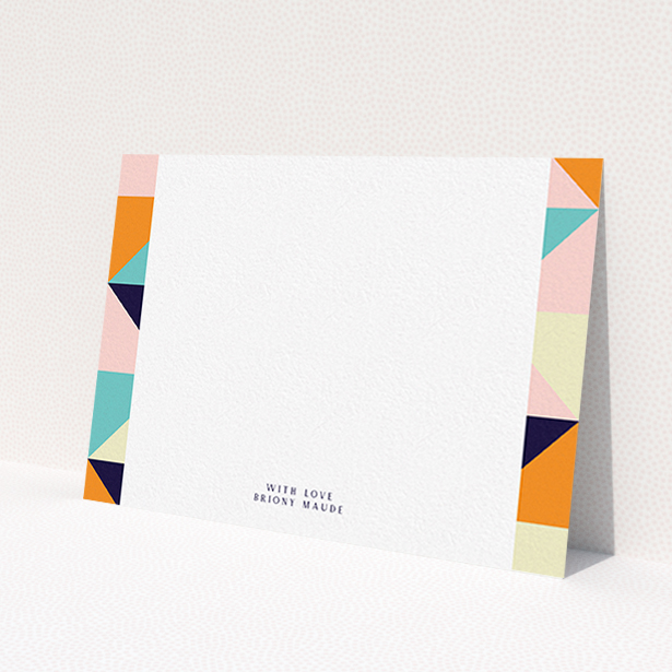 A womens correspondence card design titled 'Sloane Squares'. It is an A6 card in a landscape orientation. 'Sloane Squares' is available as a flat card, with mainly orange colouring.