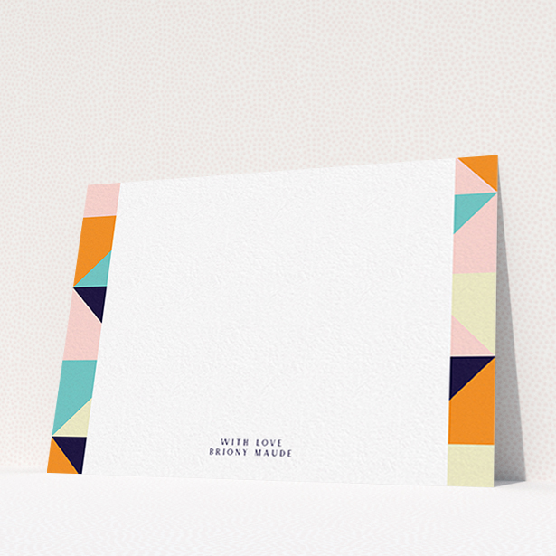 A womens correspondence card design titled "Sloane Squares". It is an A6 card in a landscape orientation. "Sloane Squares" is available as a flat card, with mainly orange colouring.