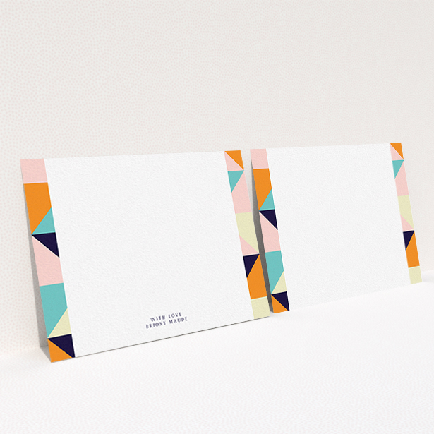 A womens correspondence card design titled "Sloane Squares". It is an A6 card in a landscape orientation. "Sloane Squares" is available as a flat card, with mainly orange colouring.