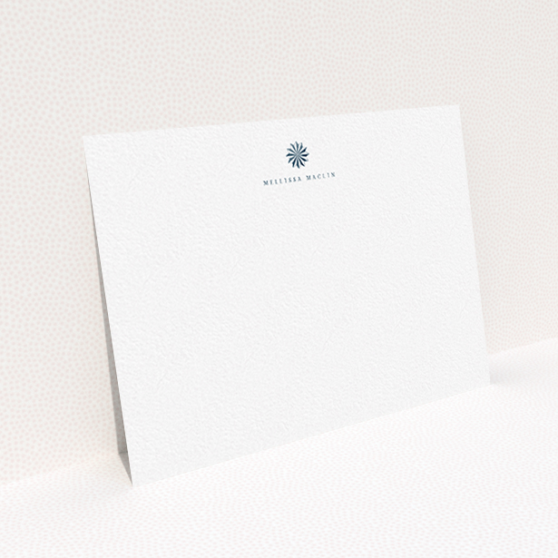 A womens correspondence card called "Sundial in the shade". It is an A6 card in a landscape orientation. "Sundial in the shade" is available as a flat card, with tones of white and blue.