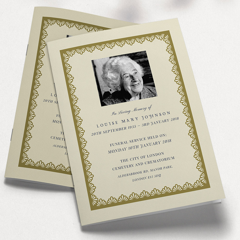 A cream and gold, a5 portrait multipage funeral order of service with an art deco style.