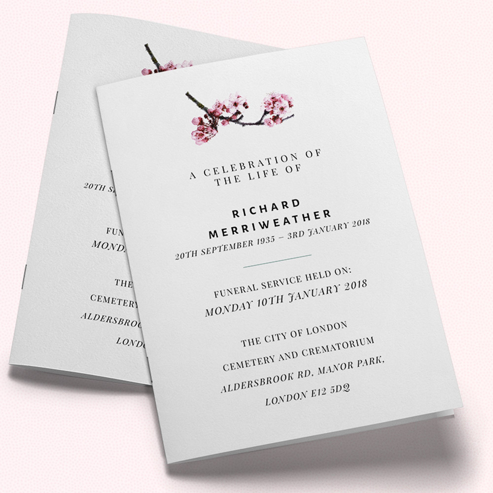 A white, a5 portrait funeral programme with a blossom style.
