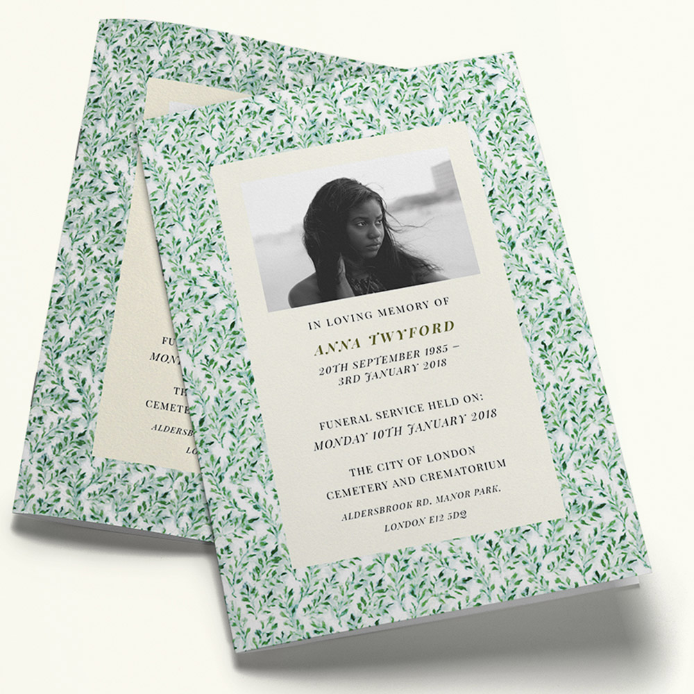 A green, a5 portrait stapled funeral order of service with a bright style.