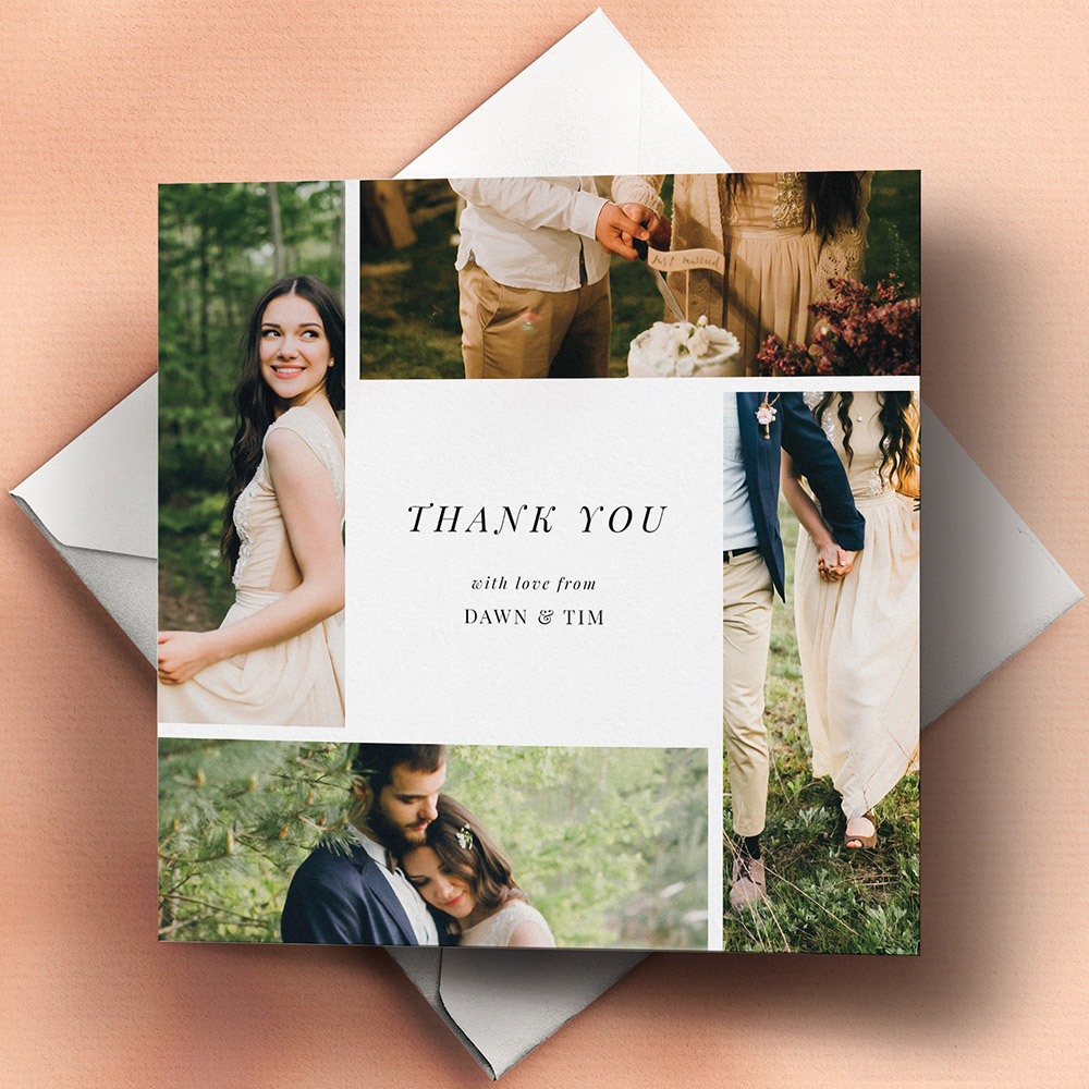 An black and white, square affordable wedding thank you card with a classic style.