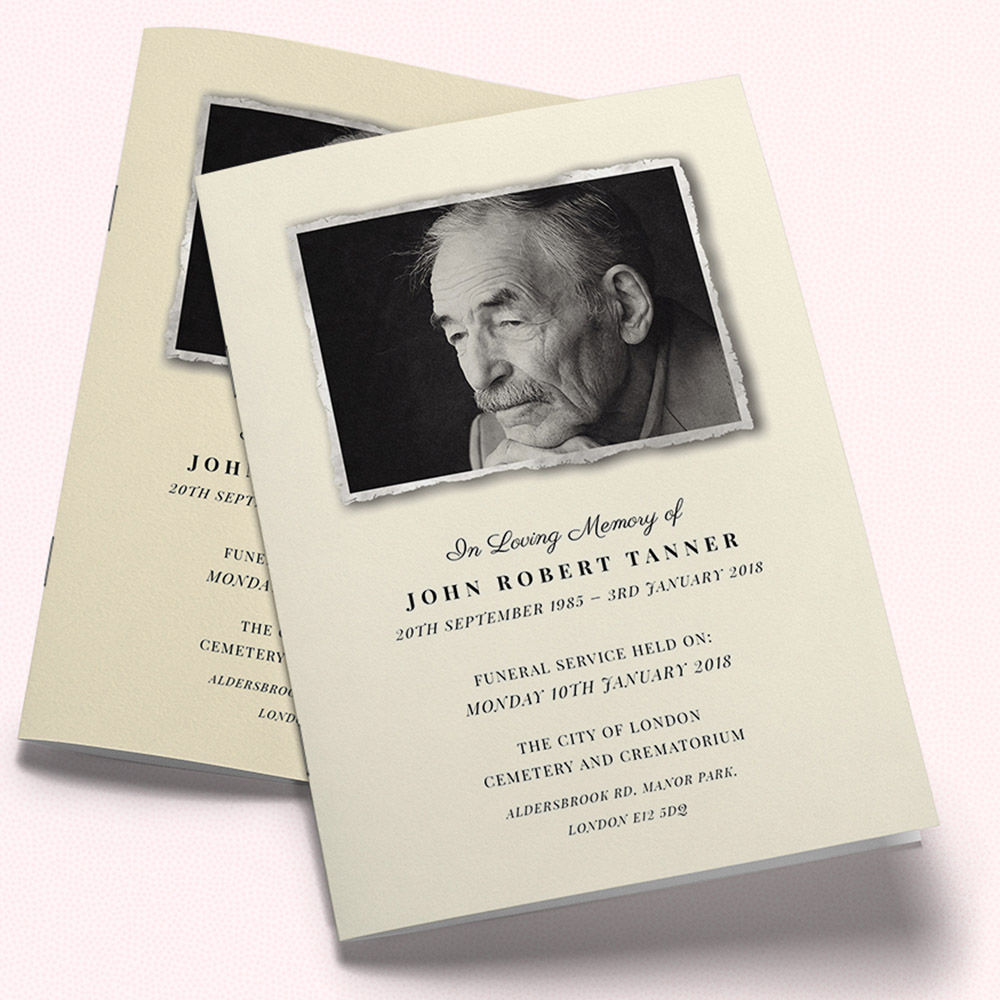 A cream, a5 portrait funeral order of service with a classic style.