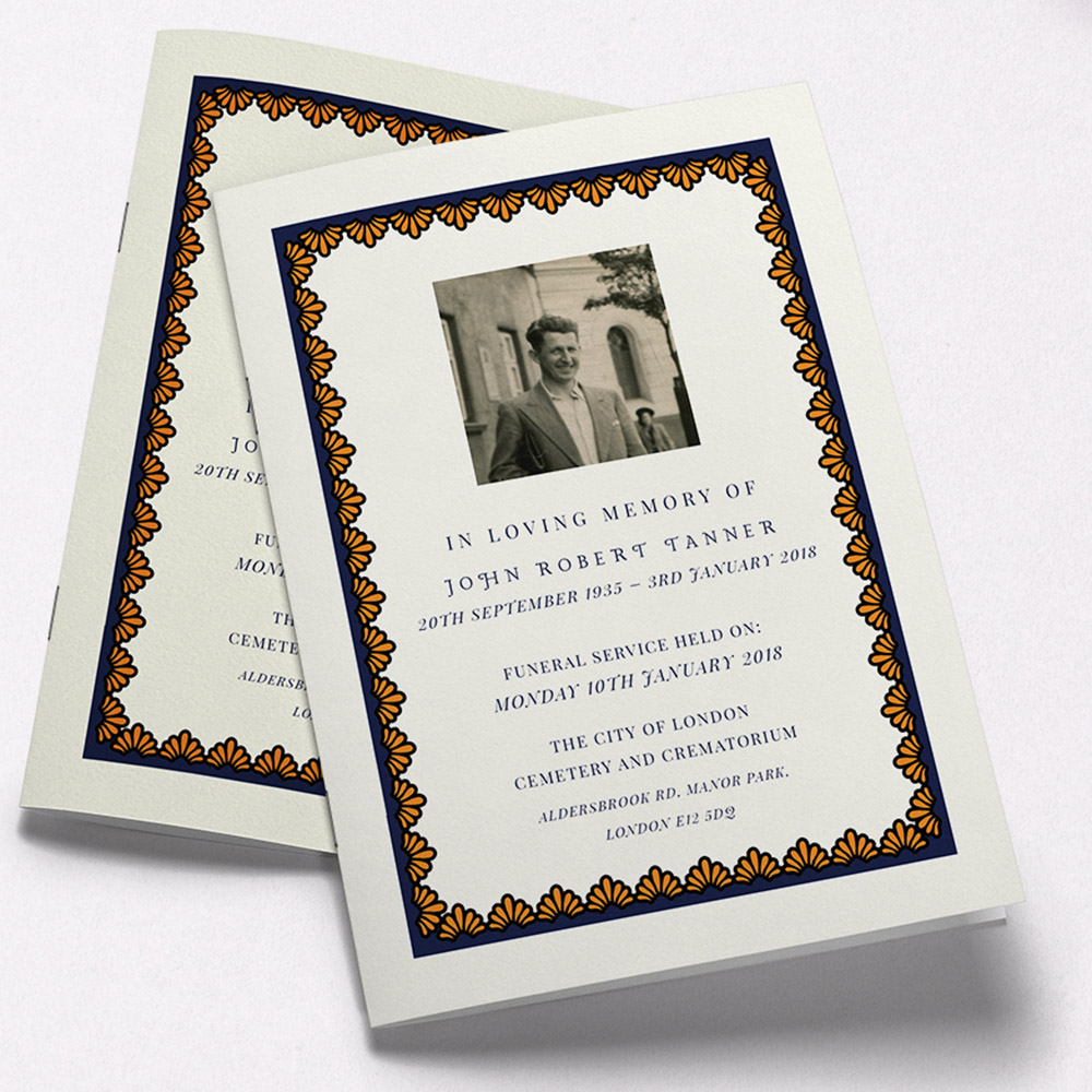 A white and navy blue, a5 portrait stapled funeral order of service with a classic style.