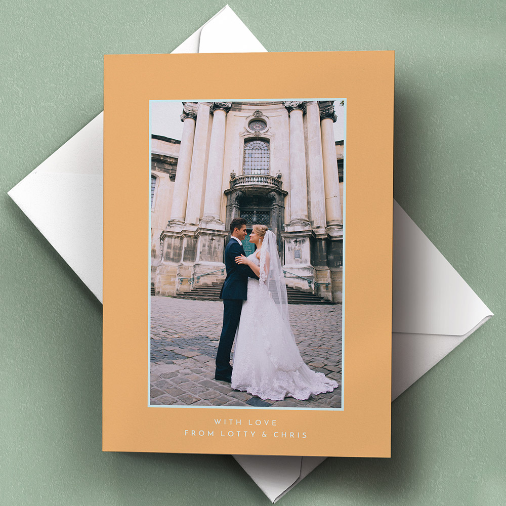 A orange and blue, a5 portrait the best wedding thank you card with a classic style.