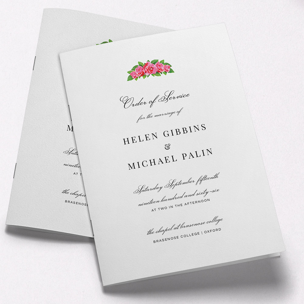 A white and green, a5 portrait wedding order of service with a colourful style.