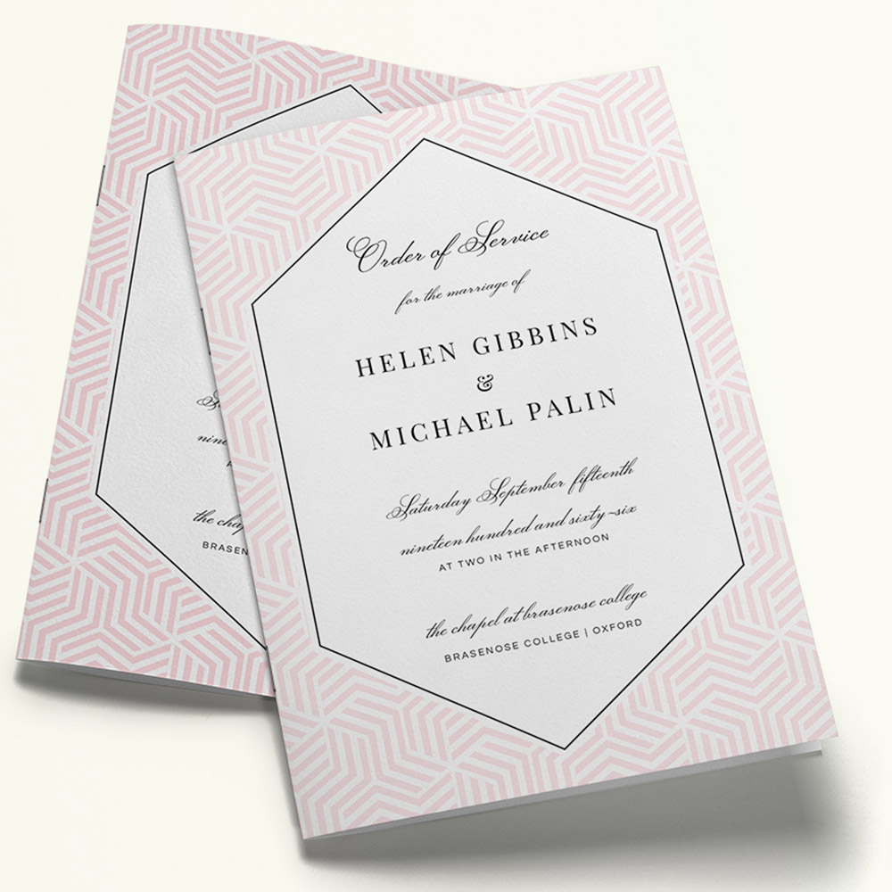 A pink and white, a5 portrait multipage wedding order of service with a creative style.