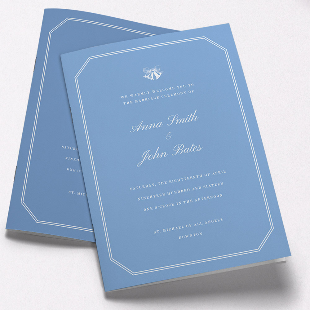 A blue and white, a5 portrait wedding order of service with a creative style.