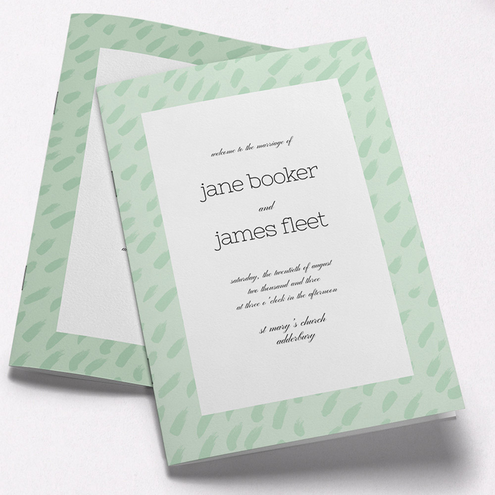 A green and white, a5 portrait wedding order of service with a creative style.