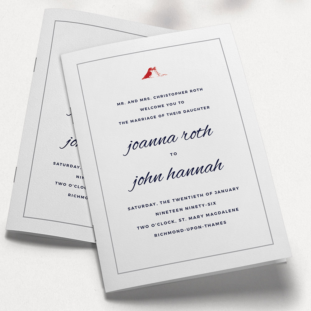 A white and red, a5 portrait wedding order of service with a creative style.