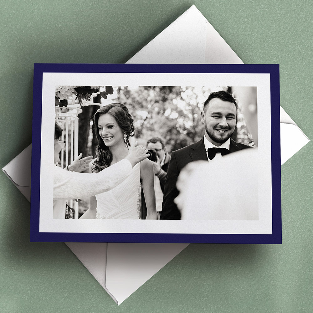 An blue and white, a5 landscape affordable wedding thank you card with an elegant style.