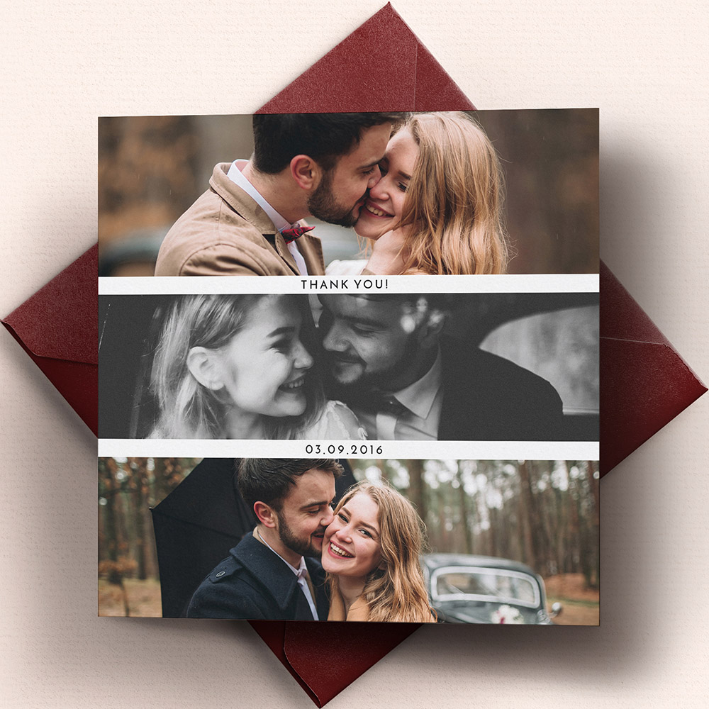 A white, square folded wedding thank you card with an elegant style.