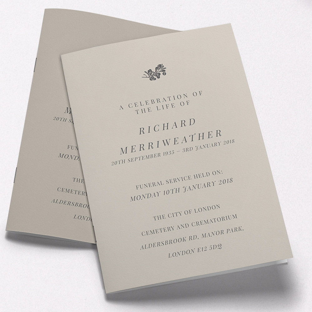 A dark cream, a5 portrait multipage funeral order of service with an elegant style.